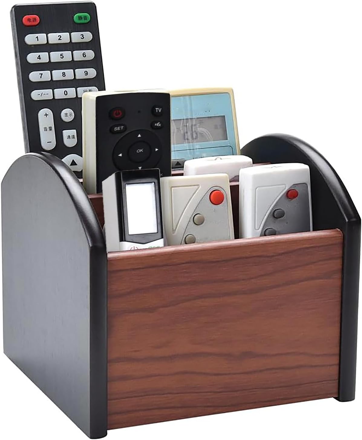 Rotating Remote Control Holder With 4 Compartments, Wooden Desktop Caddy Organizer For TV Controllers And Office Supplies